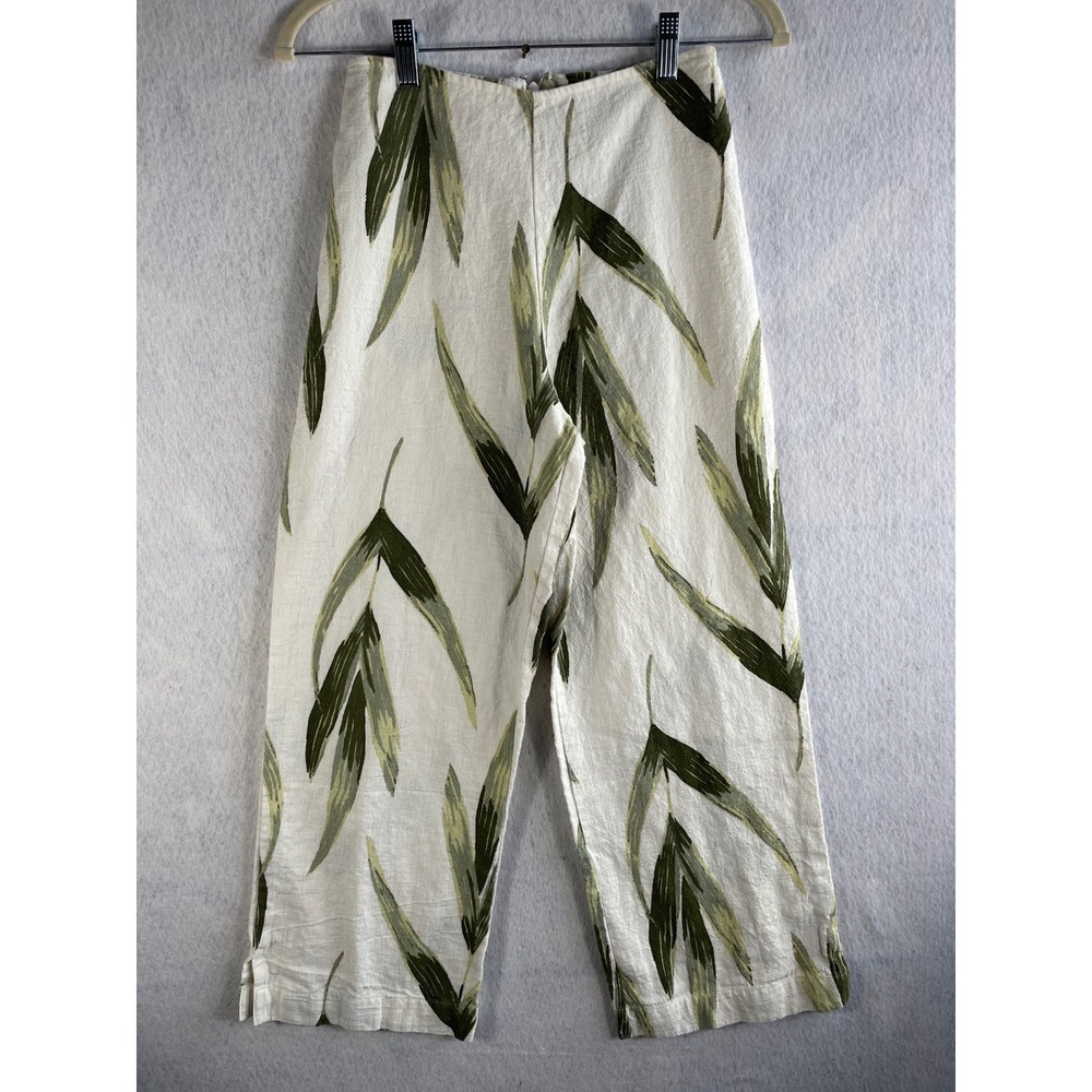 Zulu & Zephyr Ramie Wide Leg Crop Pants Cream Green Leaf Print Womens US XS AU 8